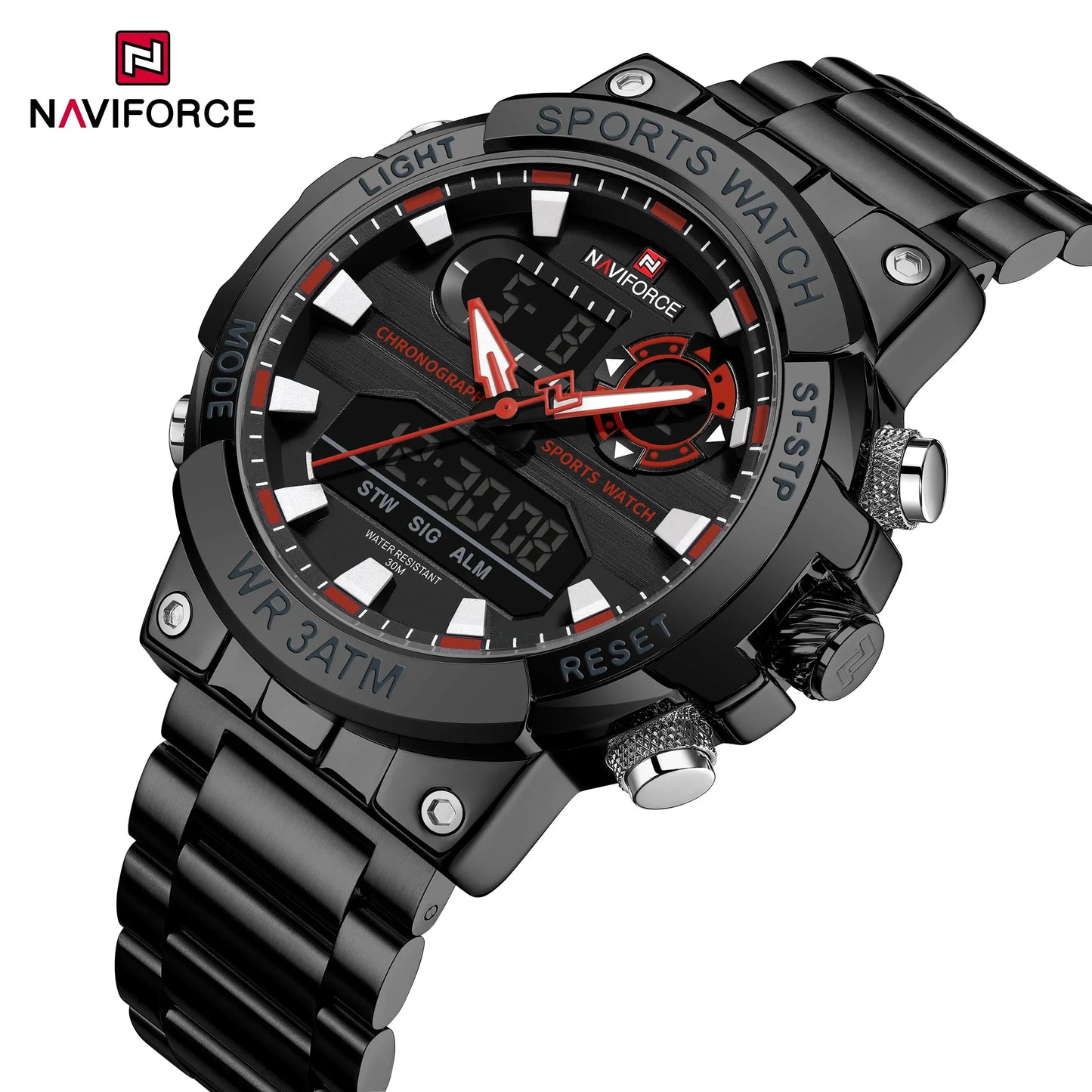 NAVIFORCE 9237 BRB Stainless Steel Strap Waterproof Quartz Wristwatch Male LCD Display Quartz Watch