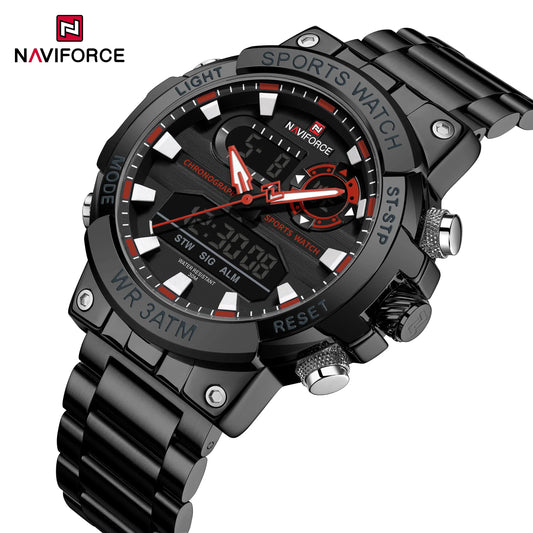 NAVIFORCE 9237 BRB Stainless Steel Strap Waterproof Quartz Wristwatch Male LCD Display Quartz Watch