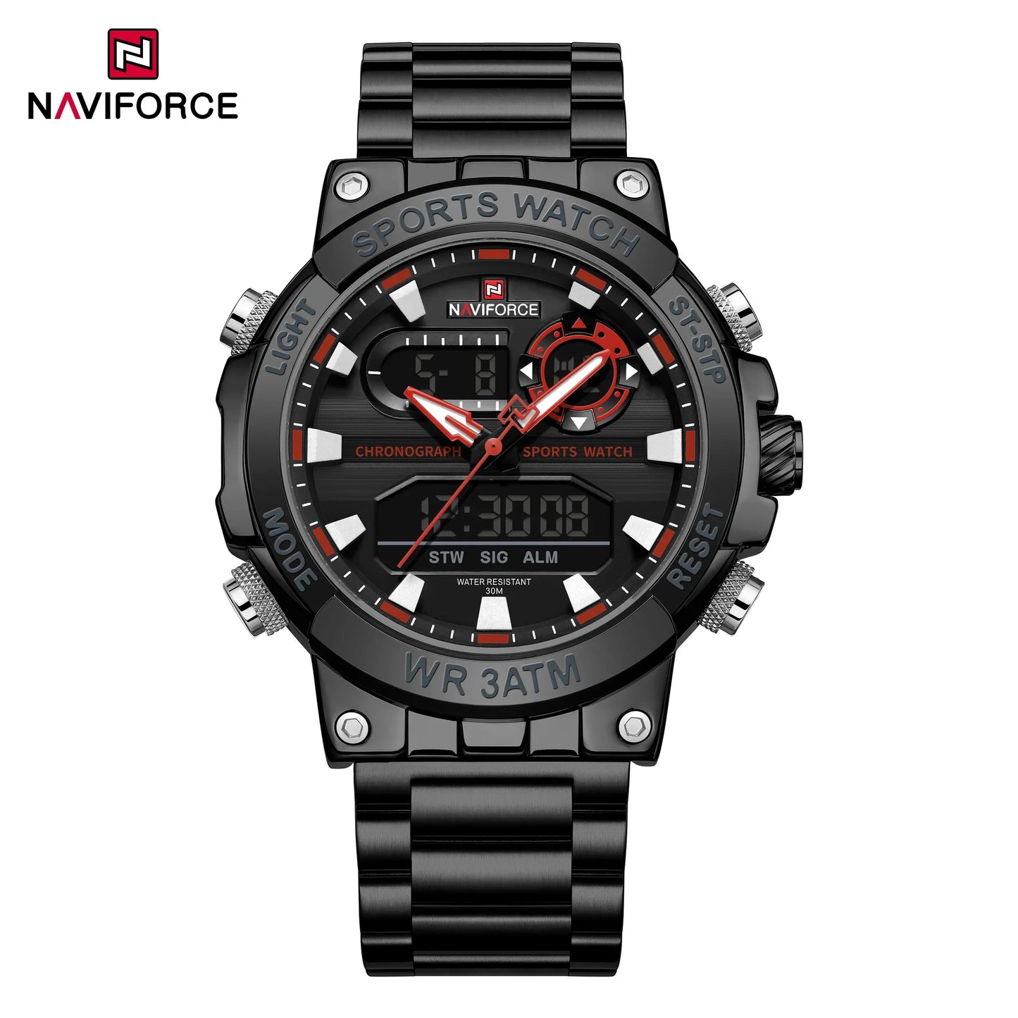 NAVIFORCE 9237 BRB Stainless Steel Strap Waterproof Quartz Wristwatch Male LCD Display Quartz Watch