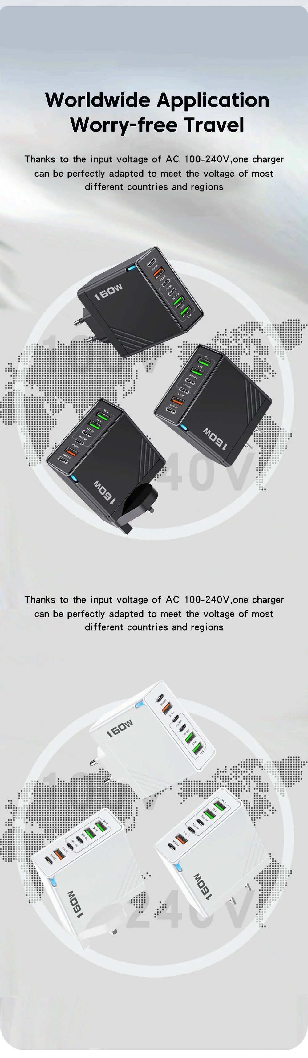 160W Multi Ports USB Charger Type C Fast Charging EU/US Plug Wall Charger For iPhone Samsung Xiaomi Huawei Phone Charger Adapter