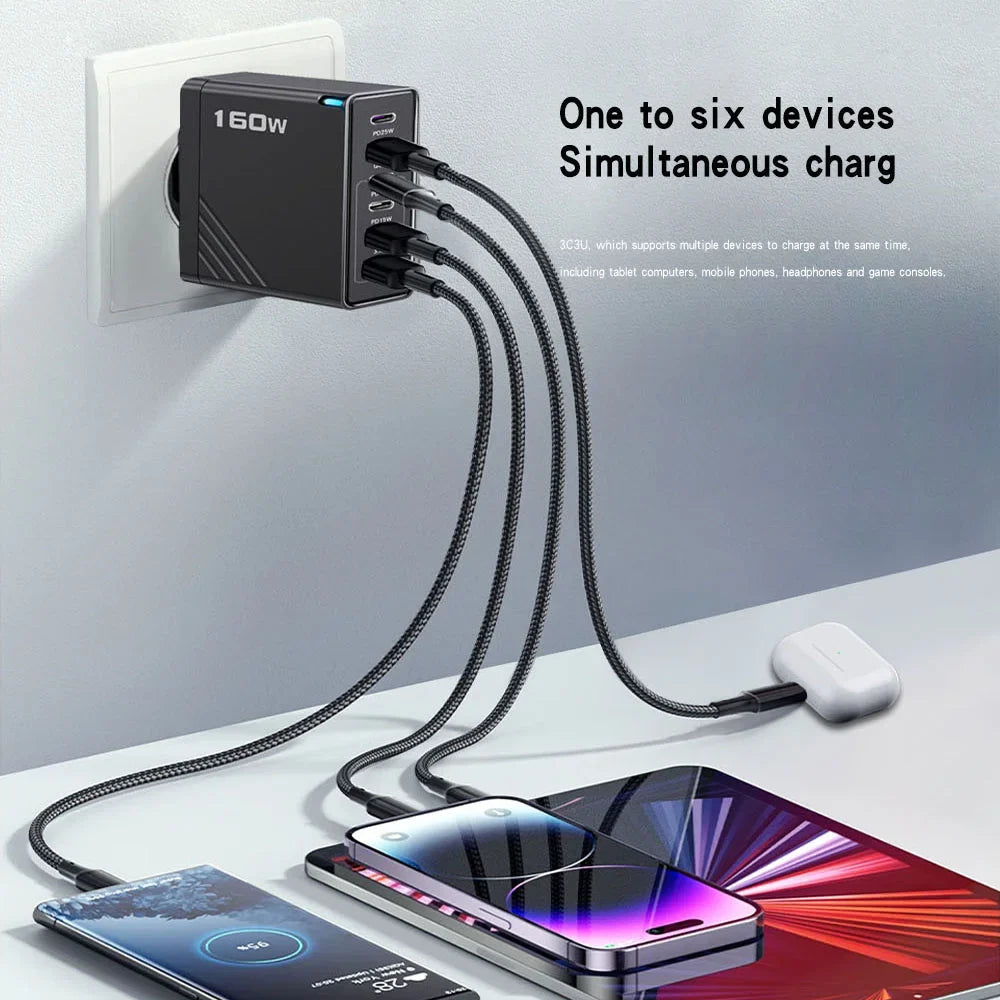 160W Multi Ports USB Charger Type C Fast Charging EU/US Plug Wall Charger For iPhone Samsung Xiaomi Huawei Phone Charger Adapter