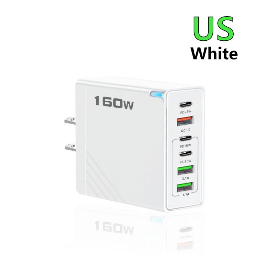 160W Multi Ports USB Charger Type C Fast Charging EU/US Plug Wall Charger For iPhone Samsung Xiaomi Huawei Phone Charger Adapter
