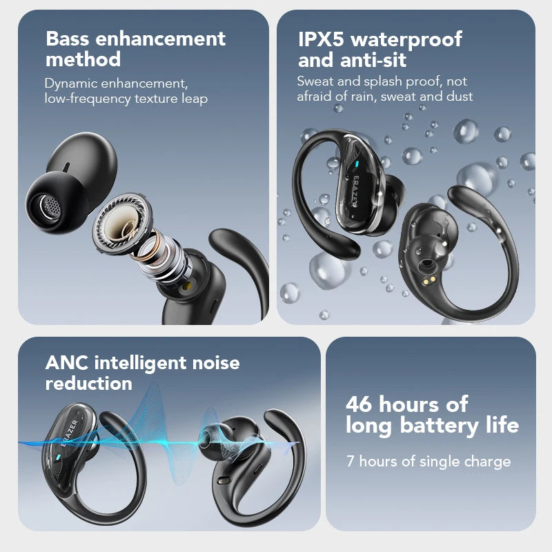 ERAZER XT80 Bluetooth 5.3 Wireless Earphones – Noise Reduction, Waterproof, Earhook Design
